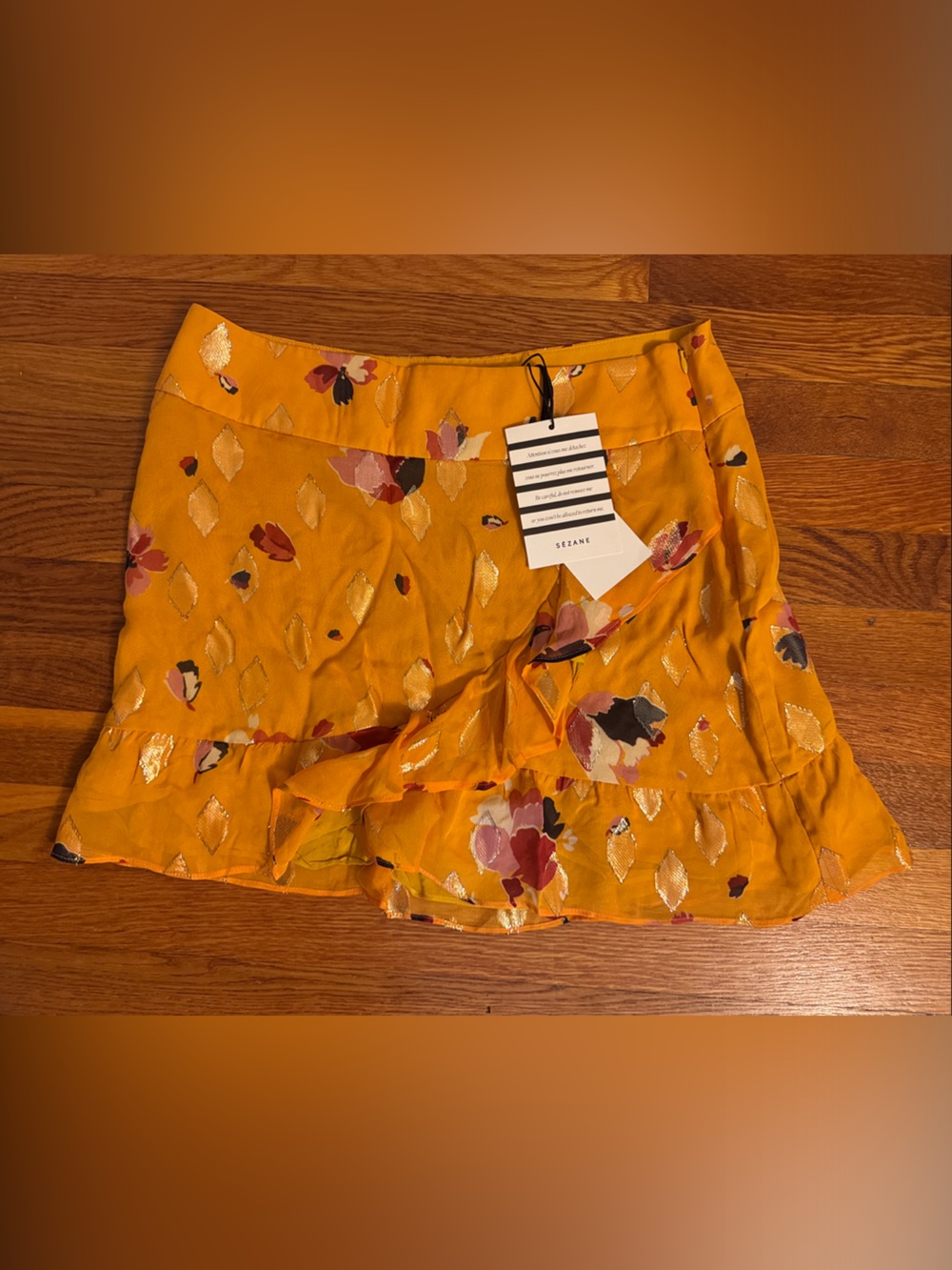 Sézane Mustard Yellow Floral Mini Skirt with Metallic Accents